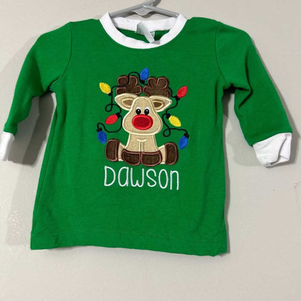 Kids Green Christmas Reindeer Dawson Long Sleeve Pajama Top Size 12M